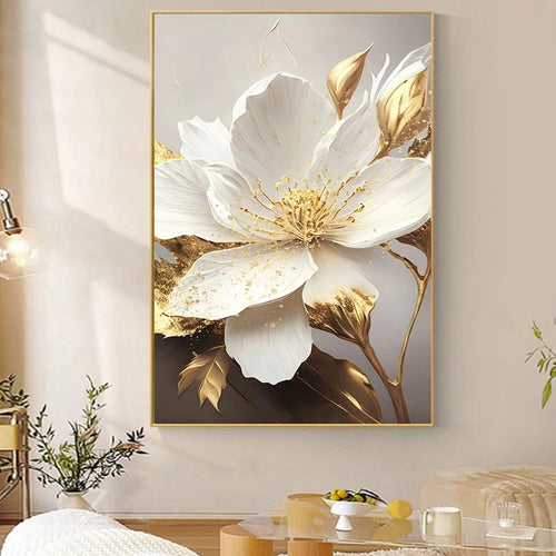 Lifelike Gold Leaf White Blooming Flowers Canvas Art - The Finishing Touch Decor