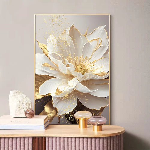 Lifelike Gold Leaf White Blooming Flowers Canvas Art - The Finishing Touch Decor