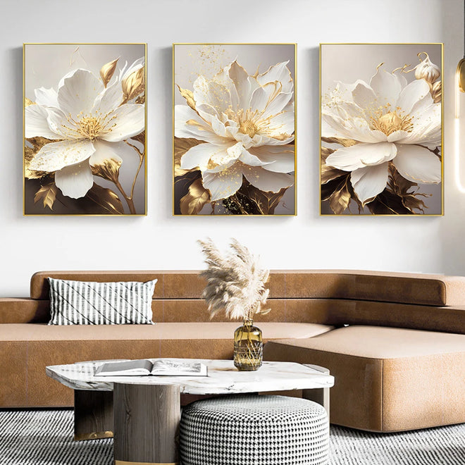 Lifelike Gold Leaf White Blooming Flowers Canvas Art - The Finishing Touch Decor