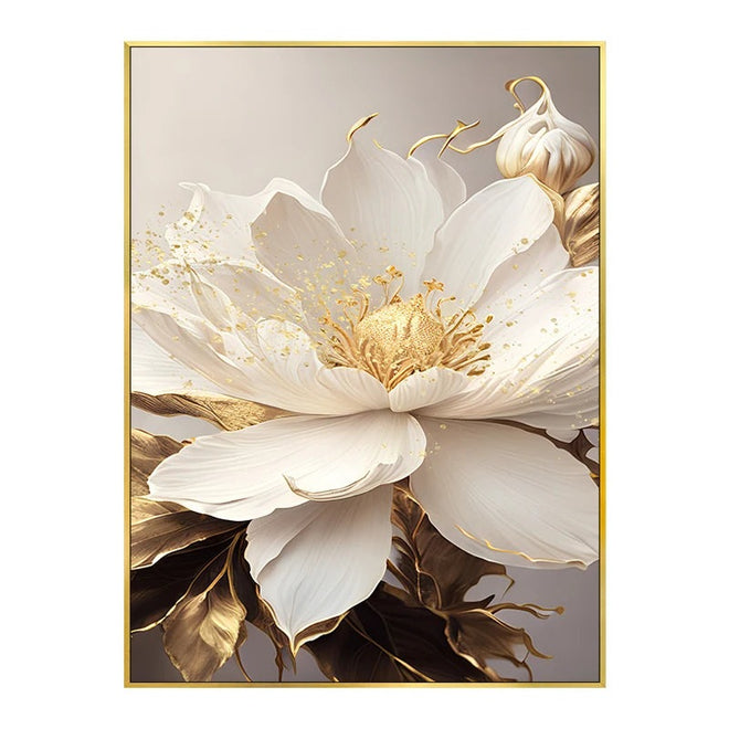 Lifelike Gold Leaf White Blooming Flowers Canvas Art - The Finishing Touch Decor