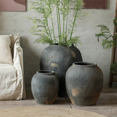 Coarse Clay Pottery Dark Ceramic Large Round Japandi Planter Pot - The Finishing Touch Decor