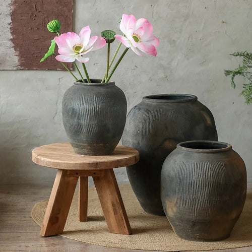 Coarse Clay Pottery Dark Ceramic Large Round Japandi Planter Pot - The Finishing Touch Decor