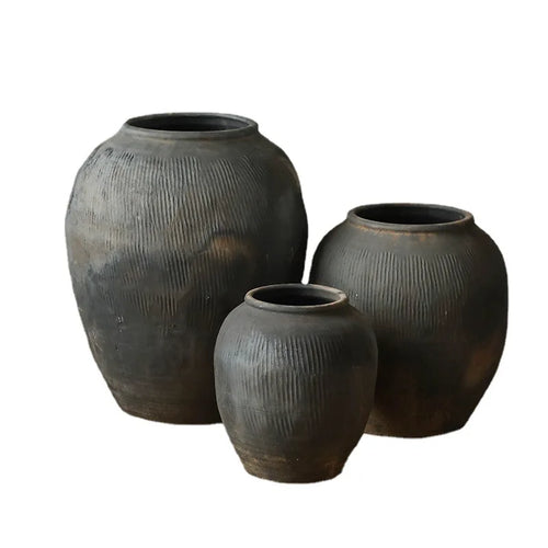 Coarse Clay Pottery Dark Ceramic Large Round Japandi Planter Pot - The Finishing Touch Decor