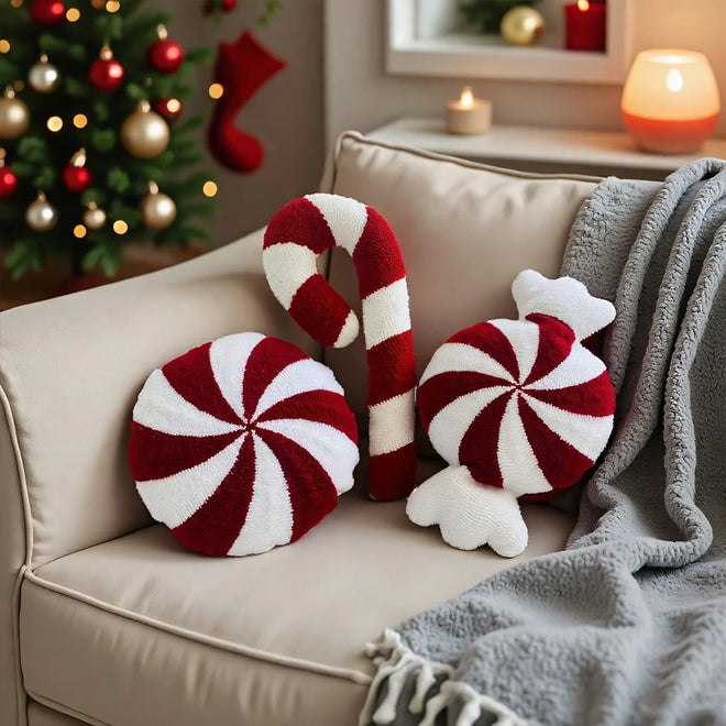 Red & White Striped Candy Holiday Throw Pillows