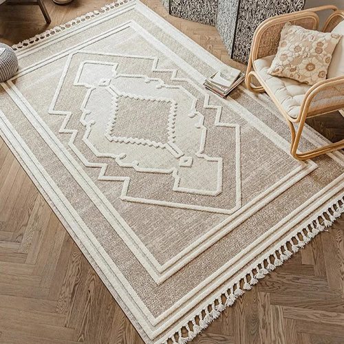 Large Beige Moroccan Pattern Tassel Light Area Rug - The Finishing Touch Decor