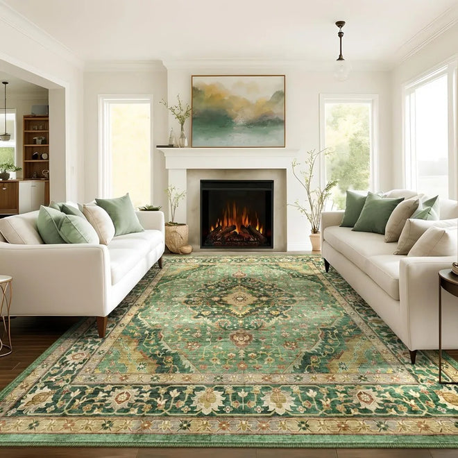 Vintage Green Oriental Large Low Pile Area Rug - The Finishing Touch Decor