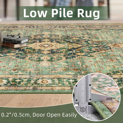 Vintage Green Oriental Large Low Pile Area Rug - The Finishing Touch Decor