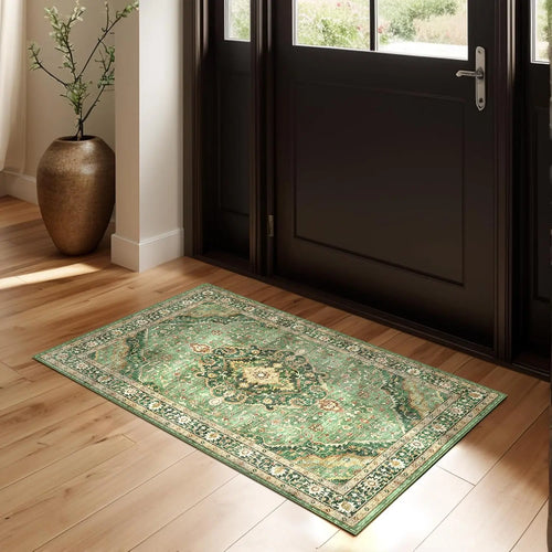 Vintage Green Oriental Large Low Pile Area Rug - The Finishing Touch Decor