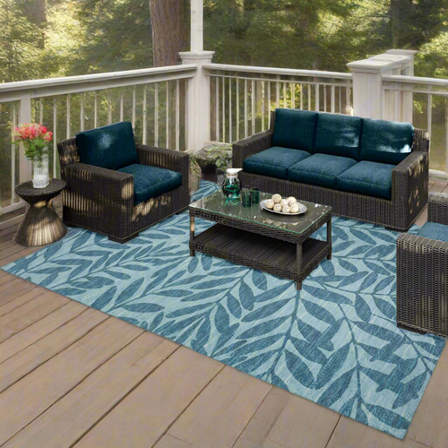 Blue Coastal Leaf Pattern Huge 10' x 14' Indoor/Outdoor Area Rug - The Finishing Touch Decor