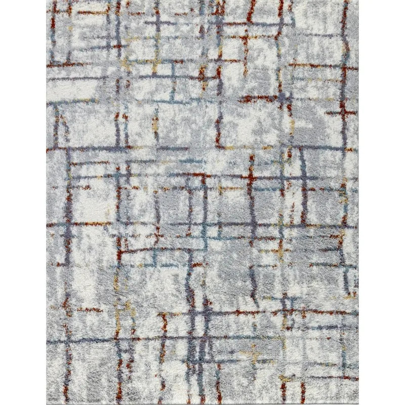 Gray Geometric Grid Pattern Shag Area Rug
