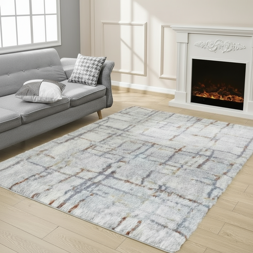 Gray Geometric Grid Pattern Shag Area Rug