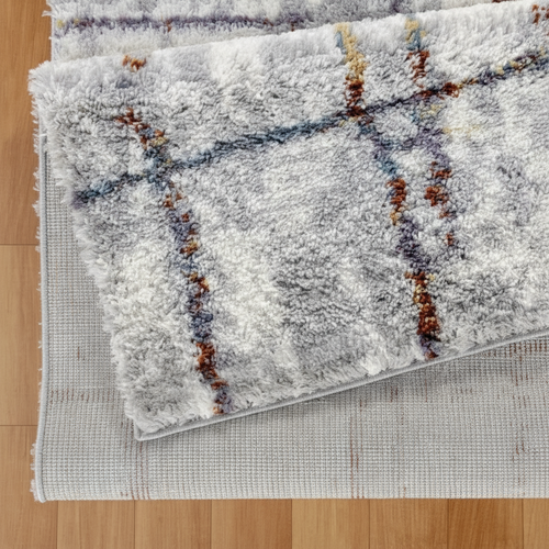 Gray Geometric Grid Pattern Shag Area Rug