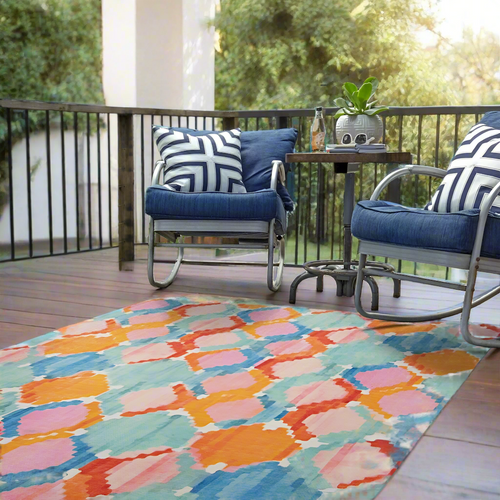 Outdoor/Indoor Aqua & Orange Trellis Print 5X7ft Area Rug - The Finishing Touch Decor