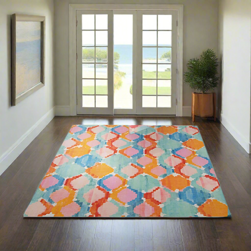 Outdoor/Indoor Aqua & Orange Trellis Print 5X7ft Area Rug - The Finishing Touch Decor
