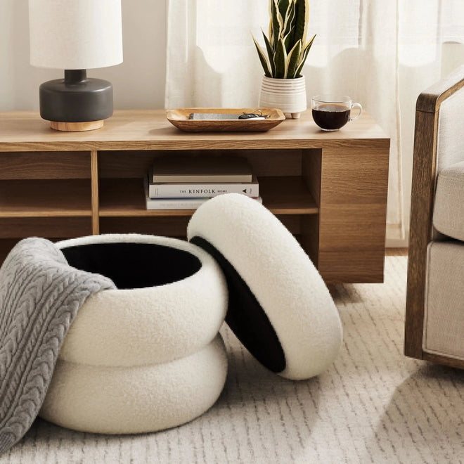 Cream Colored Round Boucle Storage Ottoman - The Finishing Touch Decor