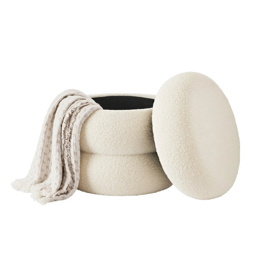 Cream Colored Round Boucle Storage Ottoman - The Finishing Touch Decor