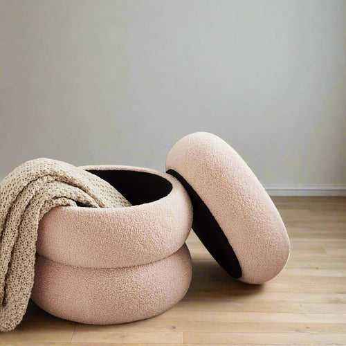Cream Colored Round Boucle Storage Ottoman - The Finishing Touch Decor