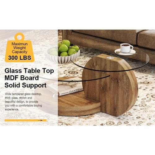 Glass Coffee Table, Modern Round Glass Coffee Table with Wooden Base, 3 Tier Round Coffee Table, Clear Cocktail Table with Stora - The Finishing Touch Decor
