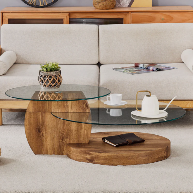 Modern 2 Tier Glass Top Wood Grain Coffee Table - The Finishing Touch Decor