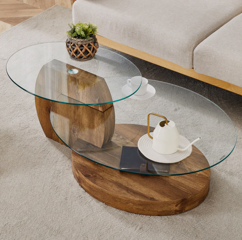 Modern 2 Tier Glass Top Wood Grain Coffee Table - The Finishing Touch Decor
