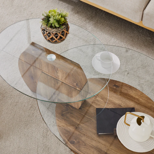 Modern 2 Tier Glass Top Wood Grain Coffee Table - The Finishing Touch Decor