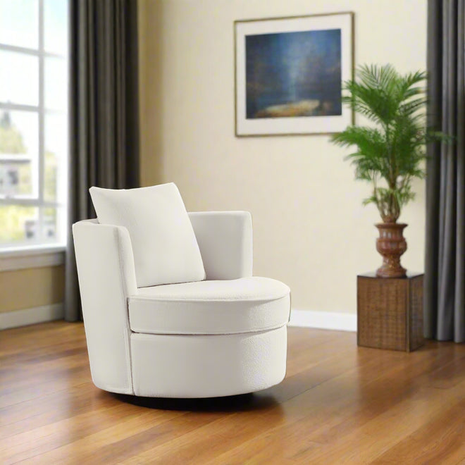 Modern White Boucle Barrel Swivel Accent Armchair - The Finishing Touch Decor