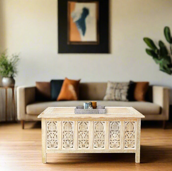 Moroccan Carved Rectangular Wooden Coffee Table - The Finishing Touch Decor