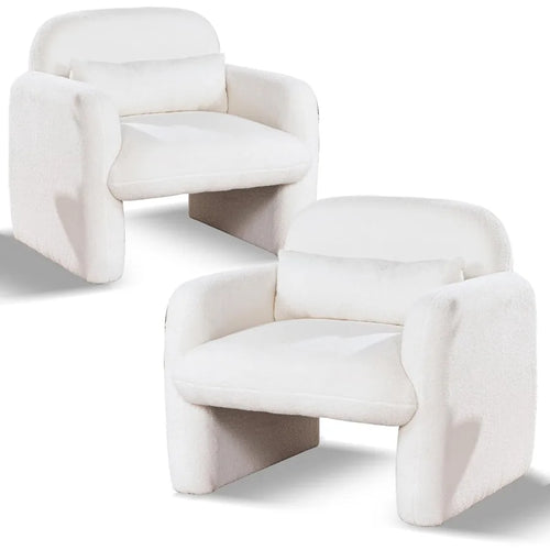 Modern Accent Chair Set of 2 Teddy Fleece Fabric Armchair with a Waist Pillow Comfy Upholstered Leisure Single Sofa Chair for L - The Finishing Touch Decor