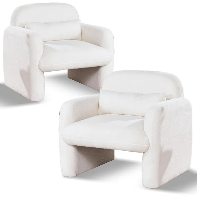 Modern Accent Chair Set of 2 Teddy Fleece Fabric Armchair with a Waist Pillow Comfy Upholstered Leisure Single Sofa Chair for L - The Finishing Touch Decor