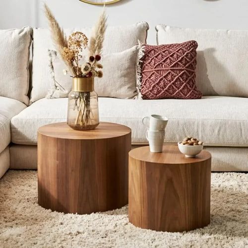 For Nesting Coffee Table Set of 2, Walnut Round Wooden Coffee Tables Modern Circle Table for Small Space Living Room Bedroom