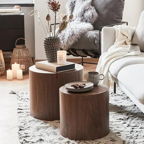 For Nesting Coffee Table Set of 2, Walnut Round Wooden Coffee Tables Modern Circle Table for Small Space Living Room Bedroom