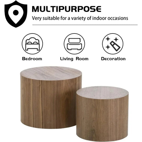 For Nesting Coffee Table Set of 2, Walnut Round Wooden Coffee Tables Modern Circle Table for Small Space Living Room Bedroom
