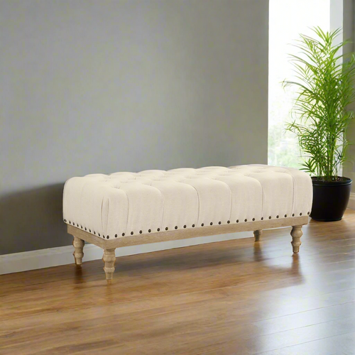 Tufted Fabric Upholstered Ecru Ottoman Bench - The Finishing Touch Decor