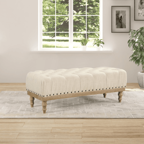 Tufted Fabric Upholstered Ecru Ottoman Bench - The Finishing Touch Decor