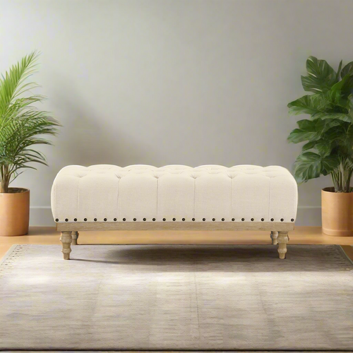 Tufted Fabric Upholstered Ecru Ottoman Bench - The Finishing Touch Decor