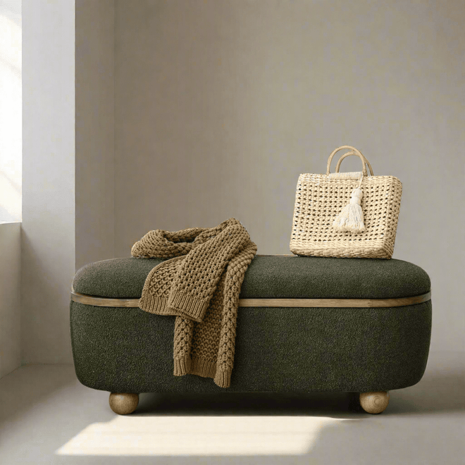 Upholstered Fabric Padded Hunter Green Ottoman Bench - The Finishing Touch Decor