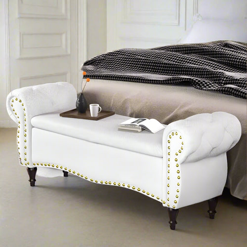 Upholstered Tufted Riveted 53" Hinged Ottoman Storage Bench - The Finishing Touch Decor