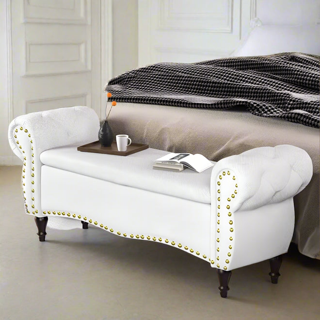 Upholstered Tufted Riveted 53" Hinged Ottoman Storage Bench - The Finishing Touch Decor