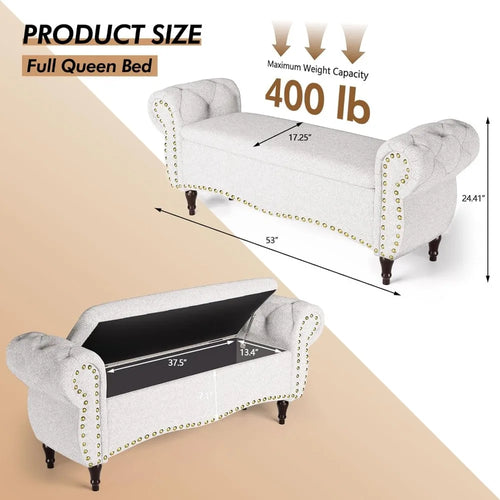 Upholstered Tufted Riveted 53" Hinged Ottoman Storage Bench - The Finishing Touch Decor