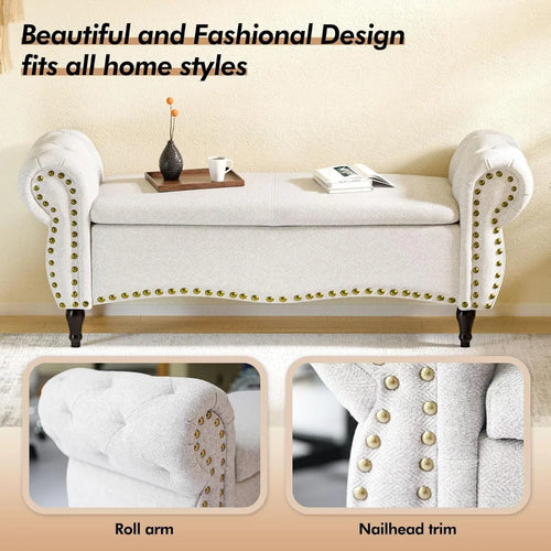 Upholstered Tufted Riveted 53" Hinged Ottoman Storage Bench - The Finishing Touch Decor