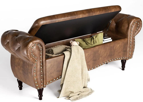 Upholstered Tufted Riveted 53" Hinged Ottoman Storage Bench - The Finishing Touch Decor