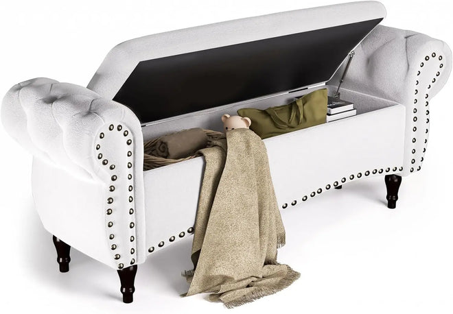 Upholstered Tufted Riveted 53" Hinged Ottoman Storage Bench - The Finishing Touch Decor