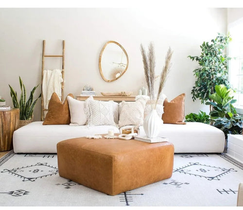 Cognac Tan Leather Hide Square Sequoia Ottoman Table - The Finishing Touch Decor