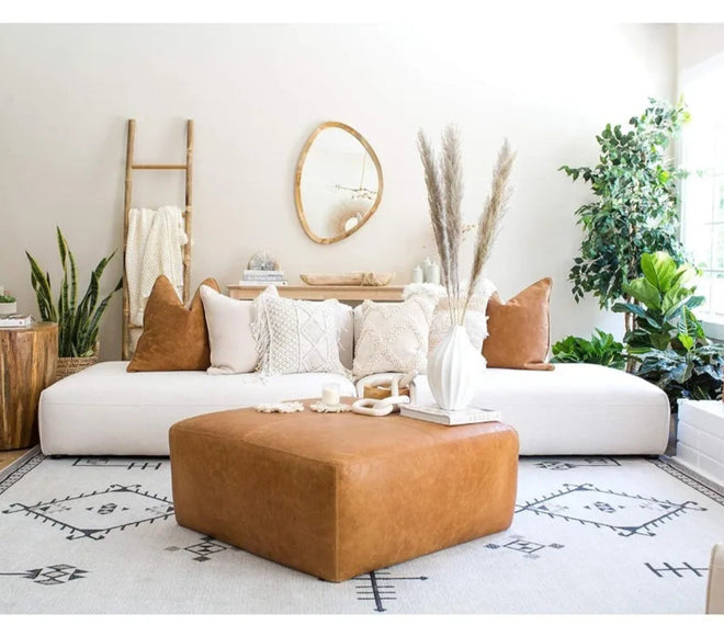 Cognac Tan Leather Hide Square Sequoia Ottoman Table - The Finishing Touch Decor