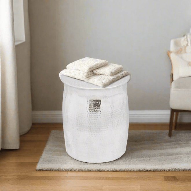 Hammered Silver Aluminum Drum Accent Side Table - The Finishing Touch Decor