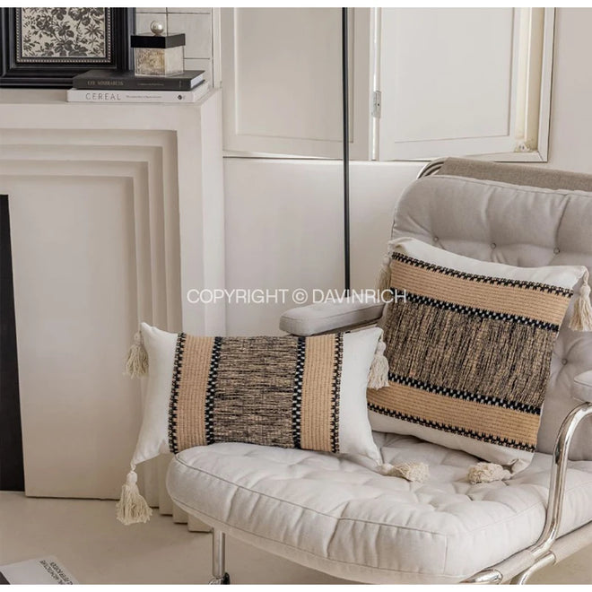 Taupe tufted and faux fur throw pillow covers from The Finishing Touch Decor, modern 30x60cm decorative cushions.