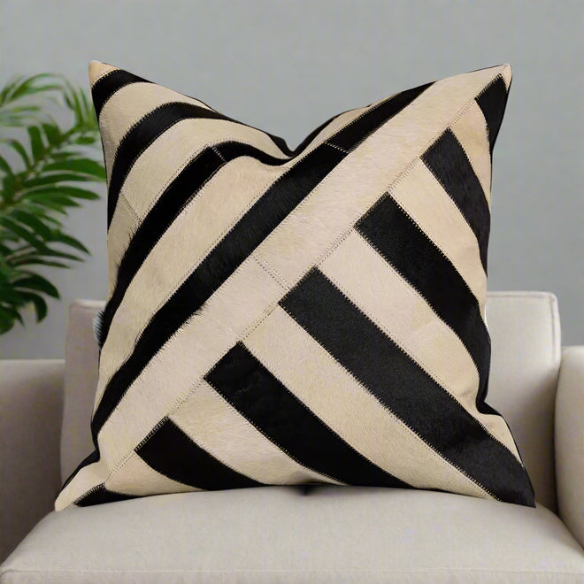 Patchwork Cowhide Leather Striped Throw Pillow Covers - The Finishing Touch Decor