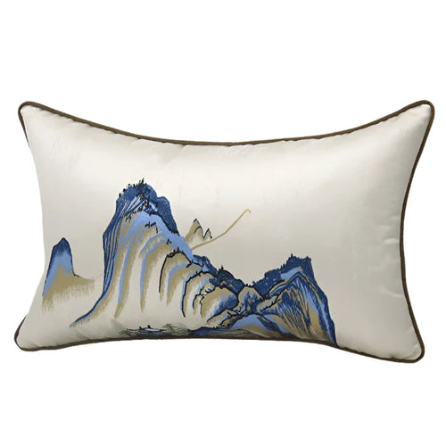 Chinese Mountain embroidered throw pillow cover by The Finishing Touch Decor, 45x45cm, featuring Chinoiserie Chinese scene embroidery.