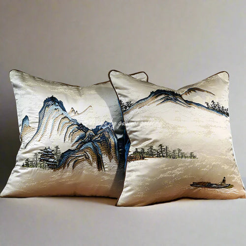Chinese Mountain embroidered throw pillow cover by The Finishing Touch Decor, featuring a detailed chinoiserie Chinese scene design.