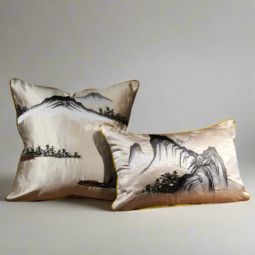Chinese Mountain embroidered throw pillow cover by The Finishing Touch Decor, featuring a Chinoiserie Chinese scene design on 45x45cm fabric